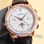 Replica Jaeger-LeCoultre rose gold case diamond bezel Swiss mechanical leather strap watch 